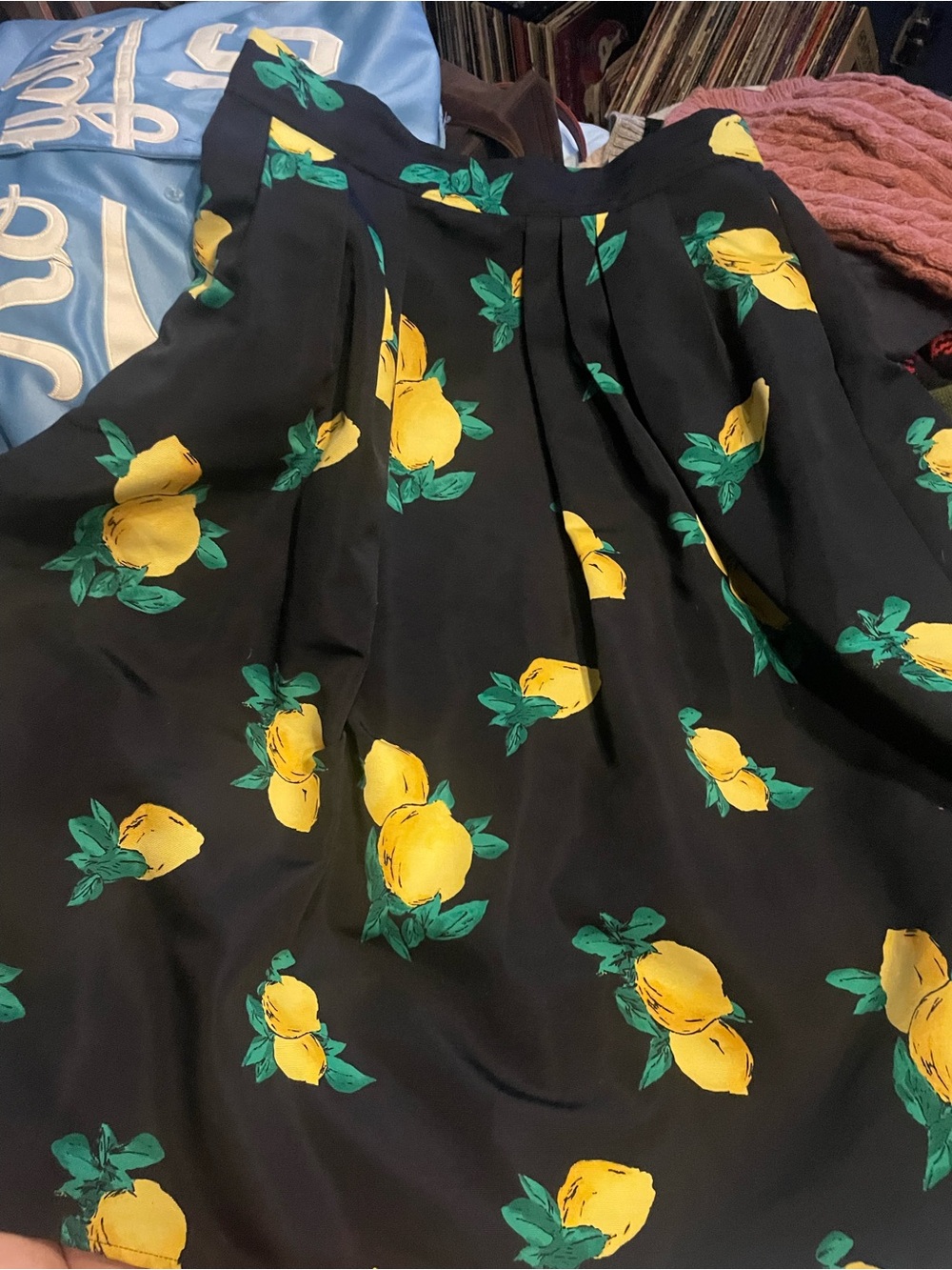 New York & Company Navy Skirt with Yellow Lemon Print